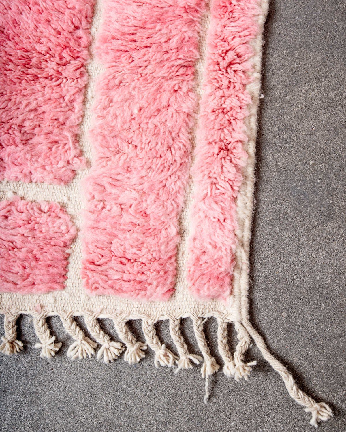 Modern, designer, handcrafted Berber rug from Morocco. Beniourain carpet with beautiful colours and patterns and fluffy wool texture.